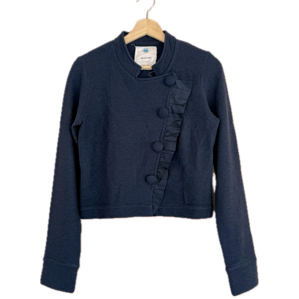 SPARROW Ruffle,Button Snap Front, Wool Cardigan Sweater in Navy Blue Sz M